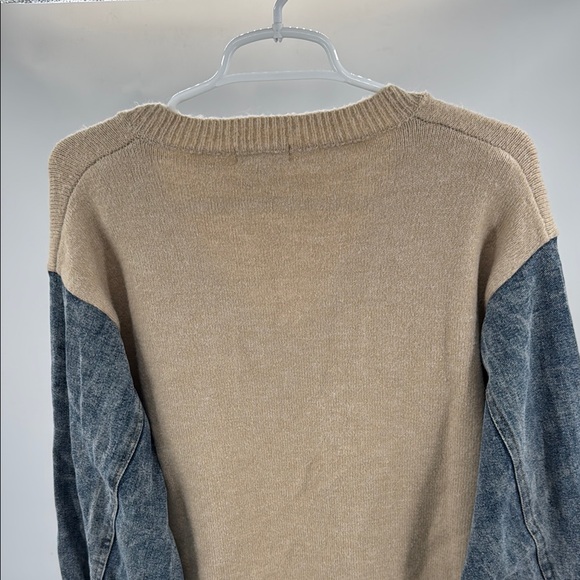 Entro Tan V-Neck denim sleeve contrast distressed sweater casual mixed material - Picture 3 of 13